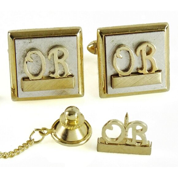 Swank Cufflinks Set Vintage Letters OR Initials Monogram w Tie Tack Pin TwoTone - Picture 3 of 6